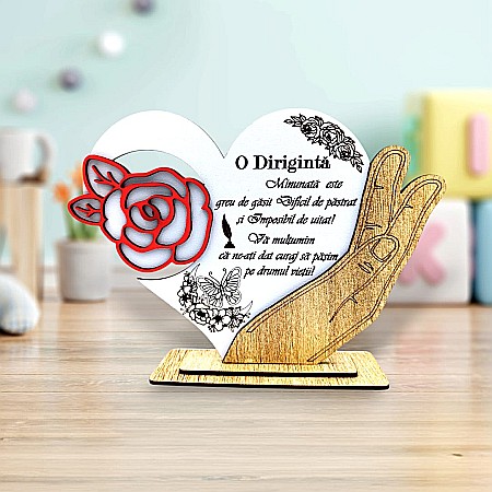 Decoratiuni din Lemn - Cadou personalizat, tablou inima in palma cu mesaj standard pentru Diriginta, 21x15cm