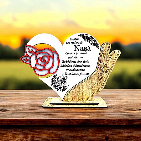 Decoratiuni din Lemn - Cadou personalizat, tablou inima in palma cu mesaj standard pentru "Cea mai buna Nasa", 21x15cm