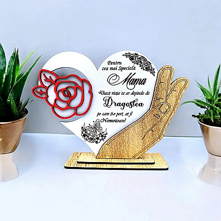 Decoratiuni din Lemn - Cadou personalizat, tablou inima in palma cu mesaj standard pentru "Cea mai speciala Mama", 21x15cm