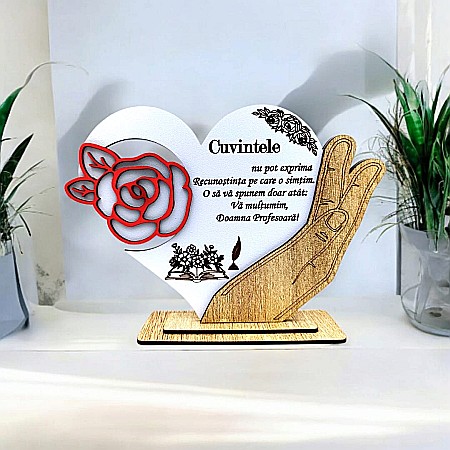 Decoratiuni din Lemn - Cadou personalizat, tablou inima in palma cu mesaj standard pentru Profesoara, model 2, 21x15cm