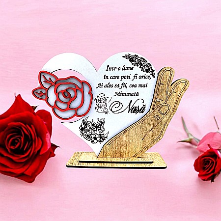 Decoratiuni din Lemn - Cadou personalizat, tablou inima in palma cu mesaj standard pentru Nasa, model 2, 21x15cm