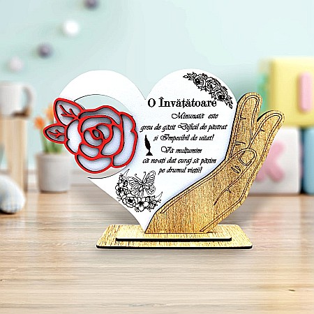 Decoratiuni din Lemn - Cadou personalizat, tablou inima in palma cu mesaj standard pentru Invatatoare, 21x15cm