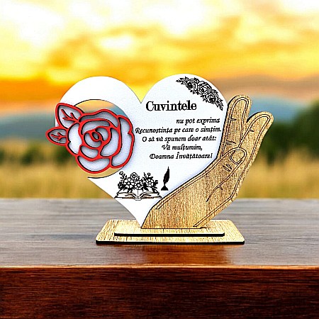 Decoratiuni din Lemn - Cadou personalizat, tablou inima in palma cu mesaj standard pentru Invatatoare,model 2, 21x15cm