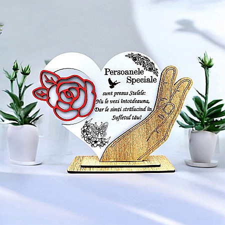 Decoratiuni din Lemn - Cadou personalizat, tablou inima in palma cu mesaj standard pentru Persoanele Speciale, 21x15cm