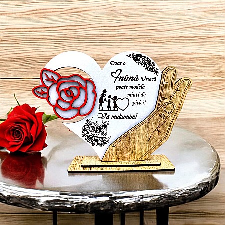 Decoratiuni din Lemn - Cadou personalizat, tablou inima in palma cu mesaj standard pentru Profesoara, model 3, 21x15cm