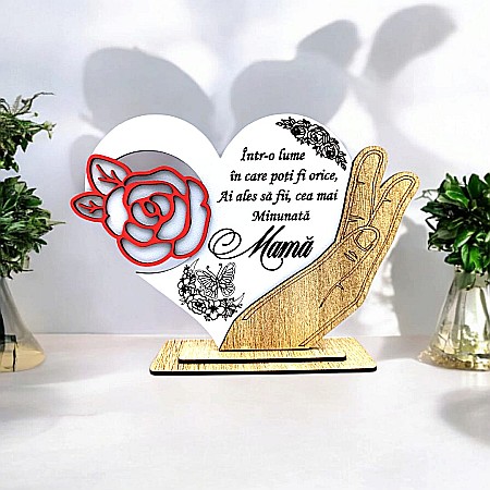 Decoratiuni din Lemn - Cadou personalizat, tablou inima in palma cu mesaj standard "Cea mai minunata Mama", 21x15cm
