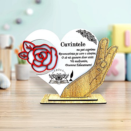Decoratiuni din Lemn - Cadou personalizat, tablou inima in palma cu mesaj standard pentru "Doamna Educatoare", 21x15cm