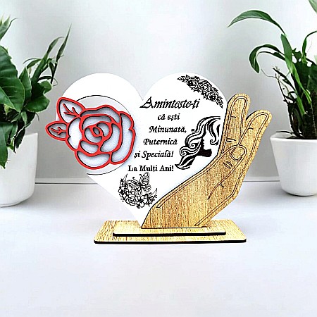 Decoratiuni din Lemn - Cadou personalizat, tablou inima in palma cu mesaj standard pentru 8Martie/Ziua Femeii, 21x15cm