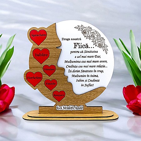 Decoratiuni din Lemn - Cadou personalizat, tablou din lemn cu inimi rosii si mesaj standard pentru Fiica, maro