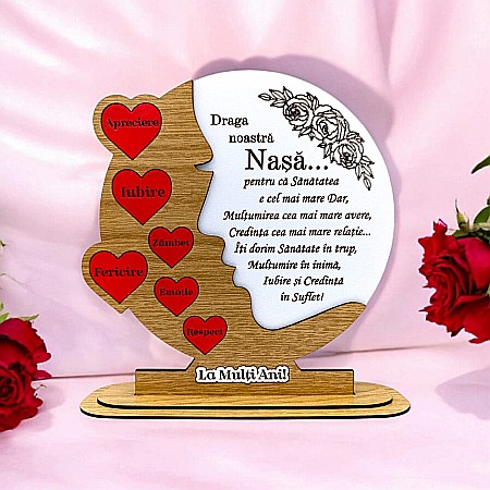 Decoratiuni din Lemn - Cadou personalizat, tablou din lemn cu inimi rosii si mesaj standard pentru Nasa, maro