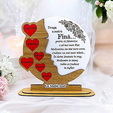 Decoratiuni din Lemn - Cadou personalizat, tablou din lemn cu inimi rosii si mesaj standard pentru Fina, maro