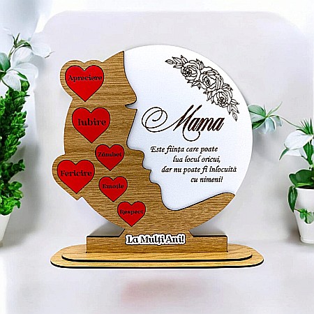Decoratiuni din Lemn - Cadou personalizat, tablou din lemn cu inimi rosii si mesaj standard pentru Mama, model 2, maro