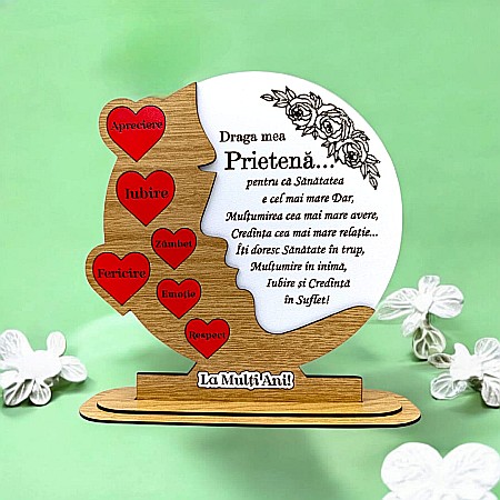 Decoratiuni din Lemn - Cadou personalizat, tablou din lemn cu inimi rosii si mesaj standard pentru Prietena, maro