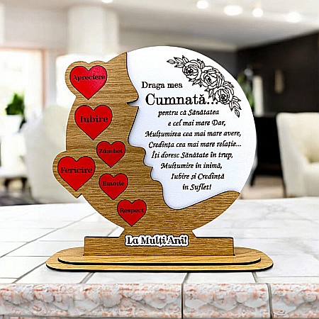 Decoratiuni din Lemn - Cadou personalizat, tablou din lemn cu inimi rosii si mesaj standard pentru Cumnata, maro