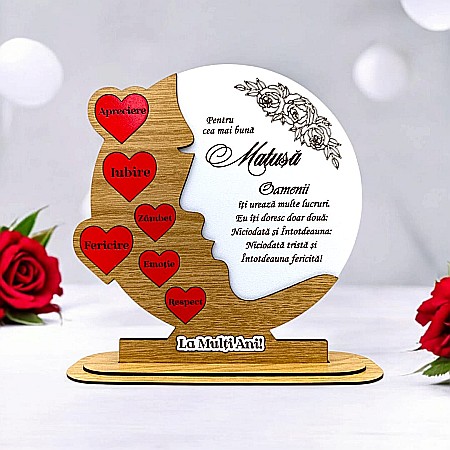Decoratiuni din Lemn - Cadou personalizat, tablou din lemn cu inimi rosii si mesaj standard pentru "Cea mai buna Matusa", maro