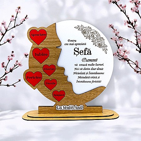 Decoratiuni din Lemn - Cadou personalizat, tablou din lemn cu inimi rosii si mesaj standard pentru "Cea mai apreciata Sefa", maro