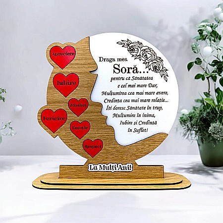 Decoratiuni din Lemn - Cadou personalizat, tablou din lemn cu inimi rosii si mesaj standard pentru Sora, maro
