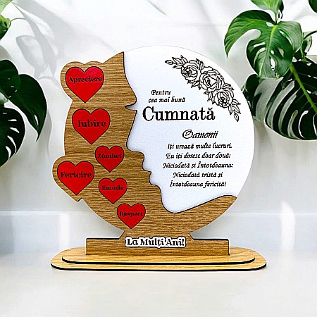 Decoratiuni din Lemn - Cadou personalizat, tablou din lemn cu inimi rosii si mesaj standard pentru "Cea mai buna Cumnata", maro