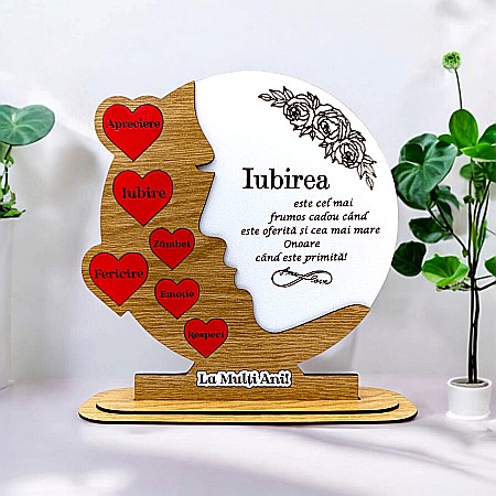 Decoratiuni din Lemn - Cadou personalizat, tablou din lemn cu inimi rosii si mesaj standard pentru Sot/Sotie, maro