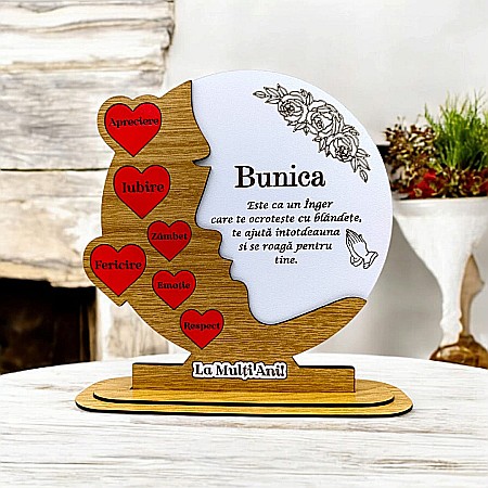 Decoratiuni din Lemn - Cadou personalizat, tablou din lemn cu inimi rosii si mesaj standard pentru Bunica, model 2, maro
