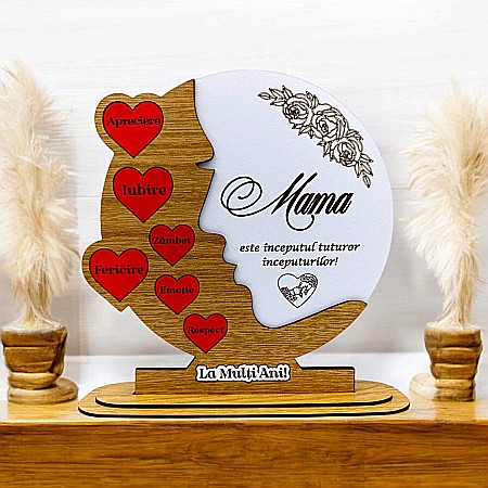 Decoratiuni din Lemn - Cadou personalizat, tablou din lemn cu inimi rosii si mesaj standard pentru Mama, model 3, maro