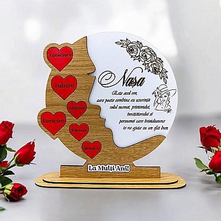 Decoratiuni din Lemn - Cadou personalizat, tablou din lemn cu inimi rosii si mesaj standard pentru Nasa, maro