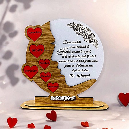 Decoratiuni din Lemn - Cadou personalizat, tablou din lemn cu inimi rosii si mesaj standard pentru Sotie/Iubita, maro