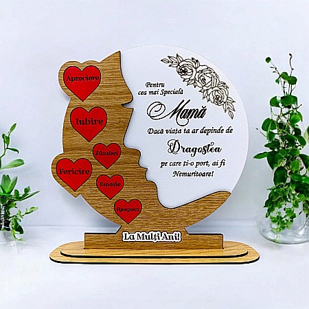 Decoratiuni din Lemn - Cadou personalizat, tablou din lemn cu inimi rosii si mesaj standard pentru "Cea mai speciala Mama", maro
