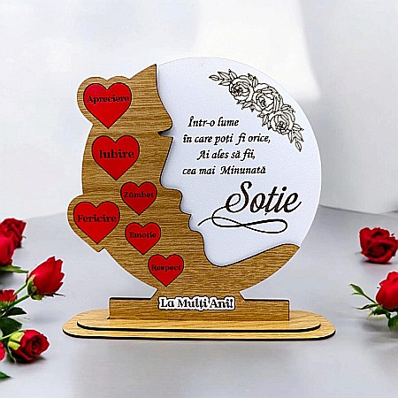 Decoratiuni din Lemn - Cadou personalizat, tablou din lemn cu inimi rosii si mesaj standard pentru "Cea mai minunata Sotie", maro