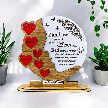 Decoratiuni din Lemn - Cadou personalizat, tablou din lemn cu inimi rosii si mesaj standard pentru Sora, model 2, maro