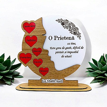 Decoratiuni din Lemn - Cadou personalizat, tablou din lemn cu inimi rosii si mesaj standard pentru Prietena, model 2, maro