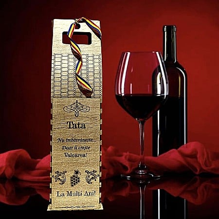 Cutie de Vin Personalizabila - Cadou personalizat, Cutie din Lemn pentru Sticla de Vin - Cadou Elegant și Unic, personalizata pentru Tata, 37x10cm
