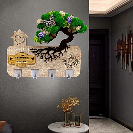 Cadou personalizat, cuier decorat cu licheni pe Bonsai pentru perete cu mesaj standard "Unde-i Binecuvantare, Acolo-i Dumnezeu!"