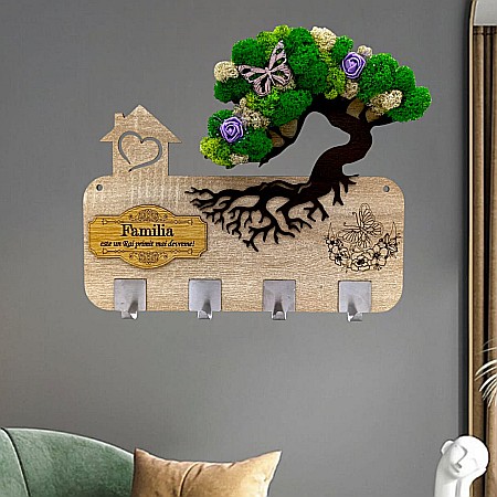 Cadou personalizat, cuier decorat cu licheni pe Bonsai pentru perete cu mesaj standard "Familia este un Rai primit mai devreme!"
