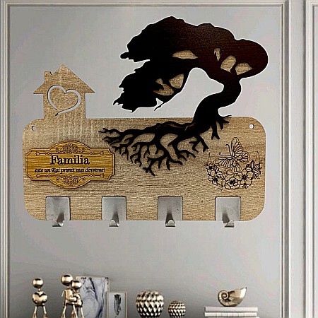 Cuiere personalizate - Cadou personalizat, blank cuier decorativ cu bonsai pentru perete cu mesaj standard "Familia este un Rai primit mai devreme!"