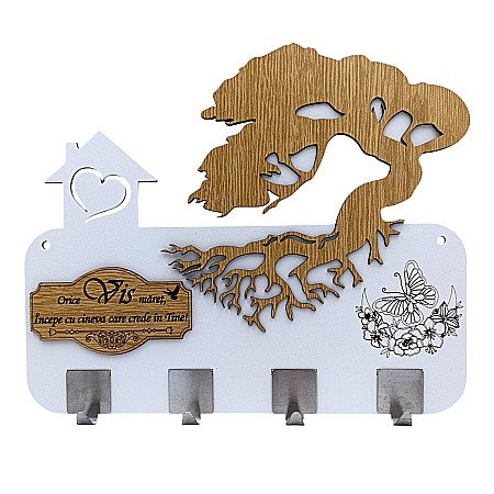Cuiere personalizate - Cadou personalizat, blank cuier decorativ cu bonsai pentru perete cu mesaj standard "Orice vis maret...", alb