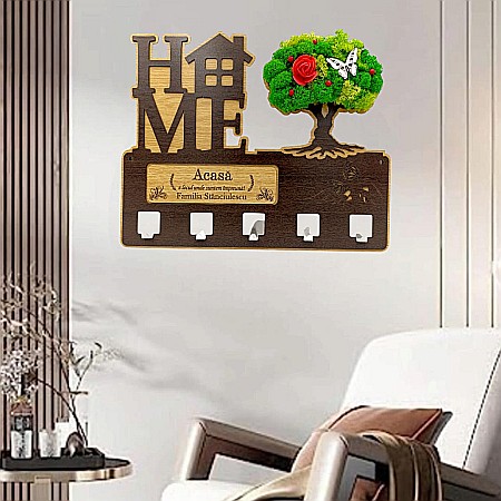 Cadou personalizat, cuier decorat cu licheni pe copac pentru perete cu mesaj standard "Acasa e locul unde suntem impreuna!" , 40x30cm