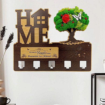 Cadouri Personalizabile - Cadou personalizat, cuier decorat cu licheni pe copac pentru perete cu mesaj standard "La casa cu Nasii buni..." , 40x30cm