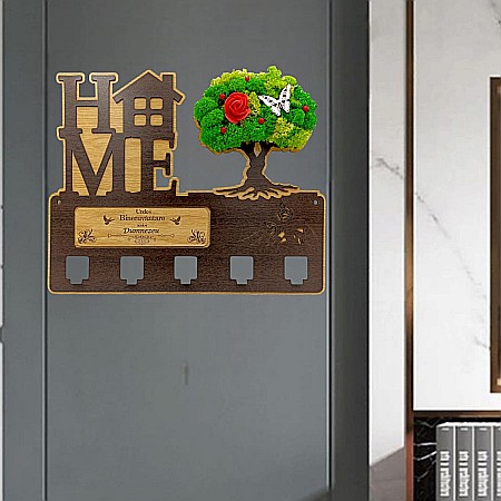 Cadou personalizat, cuier decorat cu licheni pe copac pentru perete cu mesaj standard "Unde-i Binecuvantare, Acolo-i Dumnezeu!" , 40x30cm