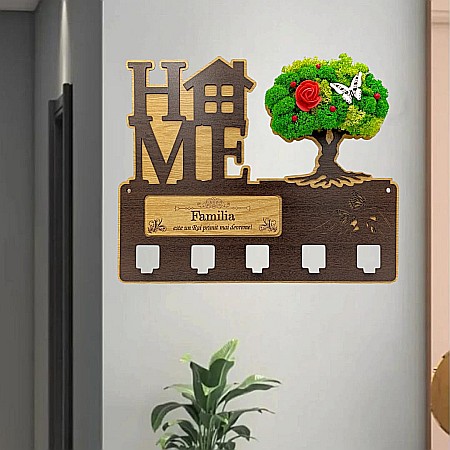 Cadou personalizat, cuier decorat cu licheni pe copac pentru perete cu mesaj standard "Familia este un Rai primit mai devreme!" , 40x30cm