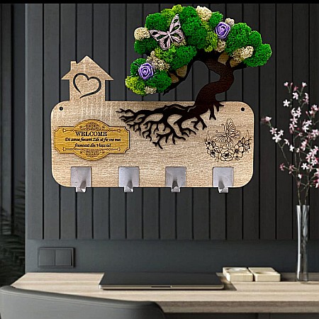 Cadou personalizat, cuier decorat cu licheni pe Bonsai pentru perete cu mesaj standard "Da sansa fiecarei zi sa fie cea mai..."