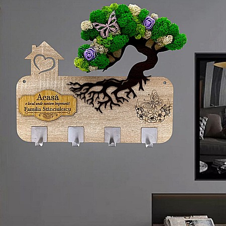 Cadou personalizat, cuier decorat cu licheni pe Bonsai pentru perete cu mesaj standard "Acasa e locul unde suntem impreuna!"