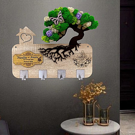 Reduceri - Cadou personalizat, cuier decorat cu licheni pe Bonsai pentru perete cu mesaj standard "Familia este ancora, care ne tine prin furtuna vietii!"