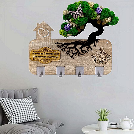 Reduceri - Cadou personalizat, cuier decorat cu licheni pe Bonsai pentru perete cu mesaj standard "Poate ca nu le avem pe toate, dar impreuna avem totul!"