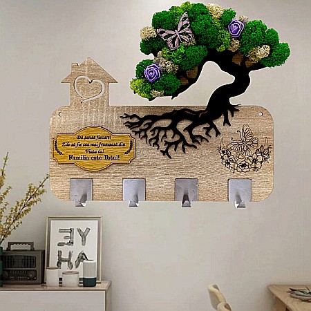 Reduceri - Cadou personalizat, cuier decorat cu licheni pe Bonsai pentru perete cu mesaj standard "Da sansa fiecarei zile..."