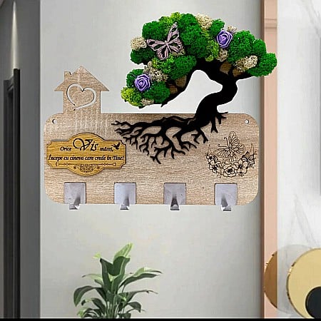 Reduceri - Cadou personalizat, cuier decorat cu licheni pe Bonsai pentru perete cu mesaj standard "Orice vis maret, incepe cu cineva care crede in tine! "