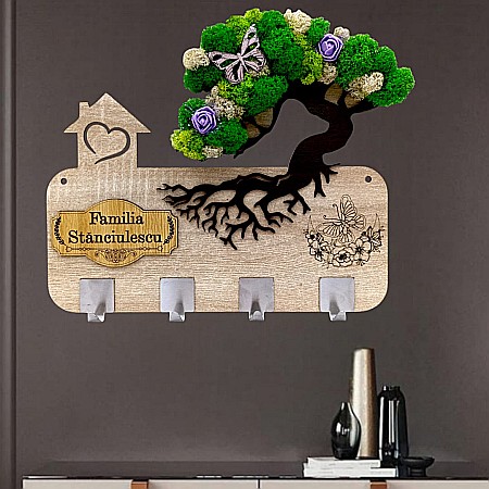 Cadou personalizat, cuier decorat cu licheni pe Bonsai pentru perete cu mesaj standard "Numele Familiei"