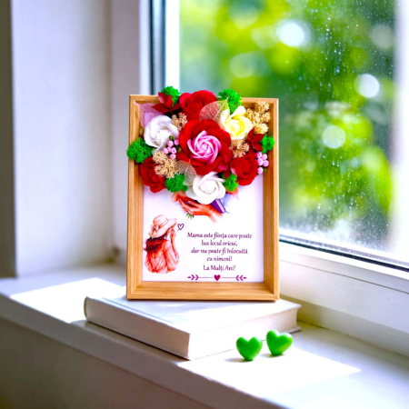 Tablouri printate cu licheni - Tablou decorativ pentru Mama, cu flori și licheni, rama din lemn
