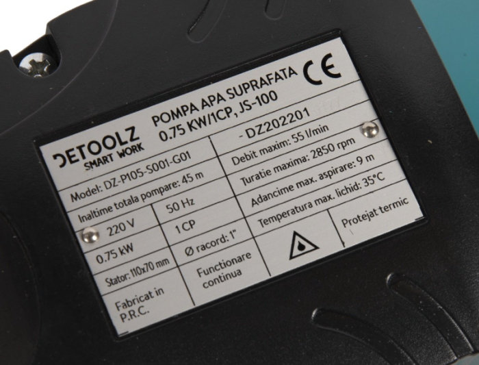 Pompa de suprafata Detoolz 0.75 kW, debit 3300l/h, inaltime de pompare 45m, carcasa pompa inox [3]