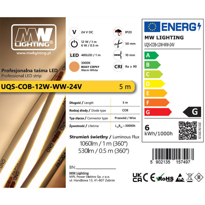 BANDA LED COB 12W 24V 3000K 5M [5]